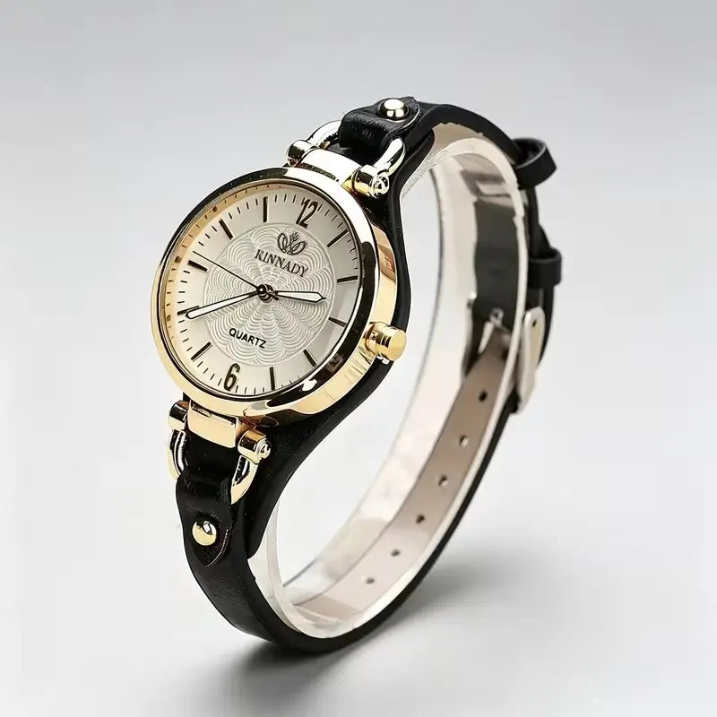 Women's Vintage Thin Band Round Quartz Watch | Black PU Leather Strap | Elegant Wrist Watch