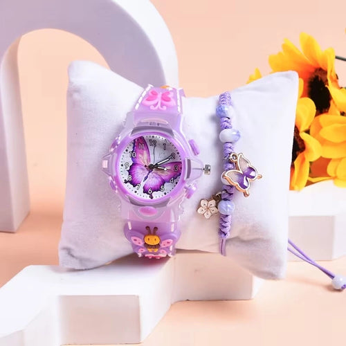 2pcs Kids Girls Quartz Watch & Beads Bracelet Set | 3D Silicone LED Flash | Flower Butterfly Wristwatch for Children