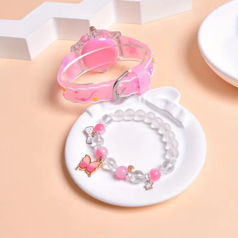 2pcs Kids Girls Quartz Watch & Beads Bracelet Set | 3D Silicone LED Flash | Flower Butterfly Wristwatch for Children