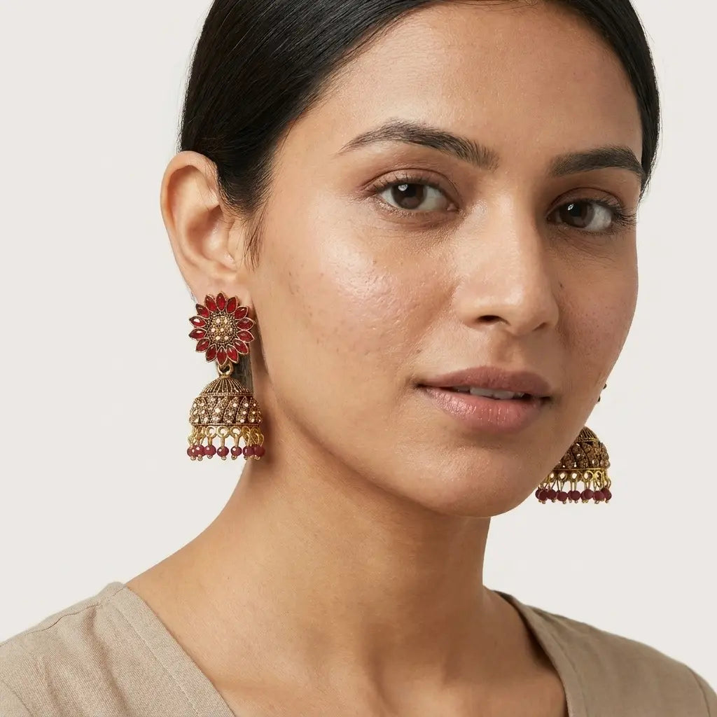 Ruby Red Floral Antique-Style Jhumka Earrings Qatar