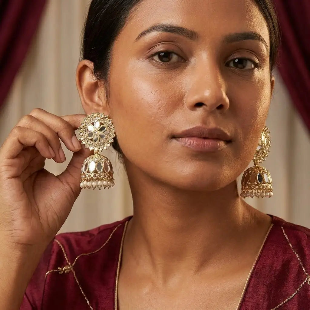 Floral Mirror Work Kundan Jhumka Earrings in Qatar