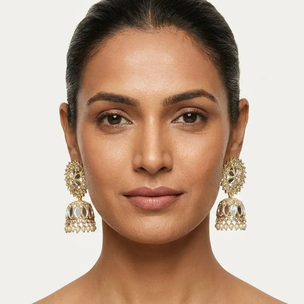 Floral Mirror Work Kundan Jhumka Earrings in Qatar