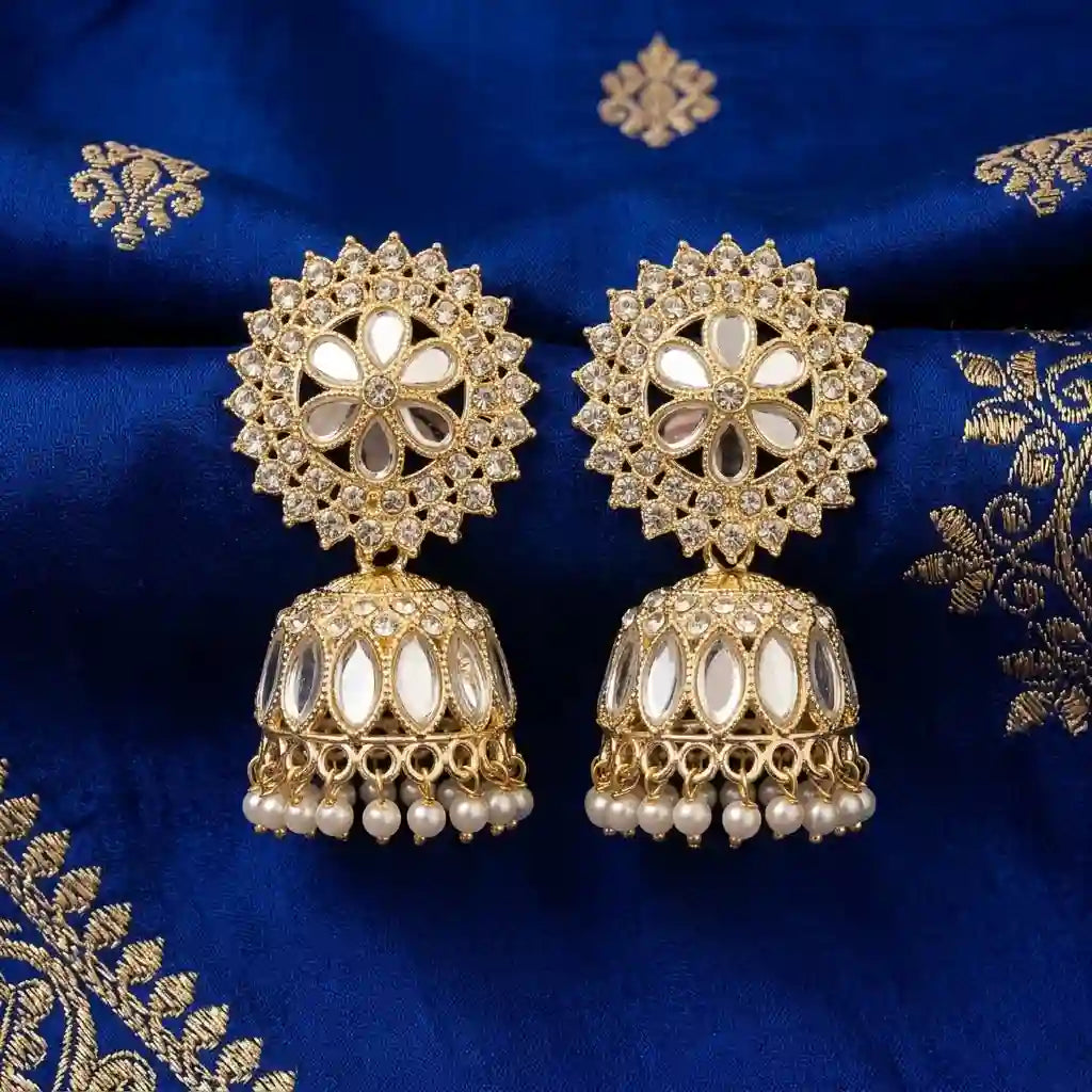 Floral Mirror Work Kundan Jhumka Earrings in Qatar