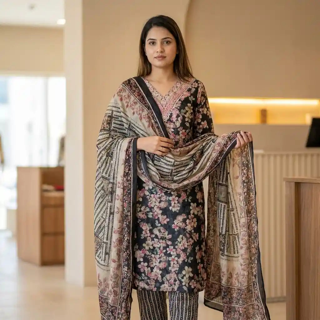 Elegant Floral Printed 3-Piece Kurthi Set - Size 40