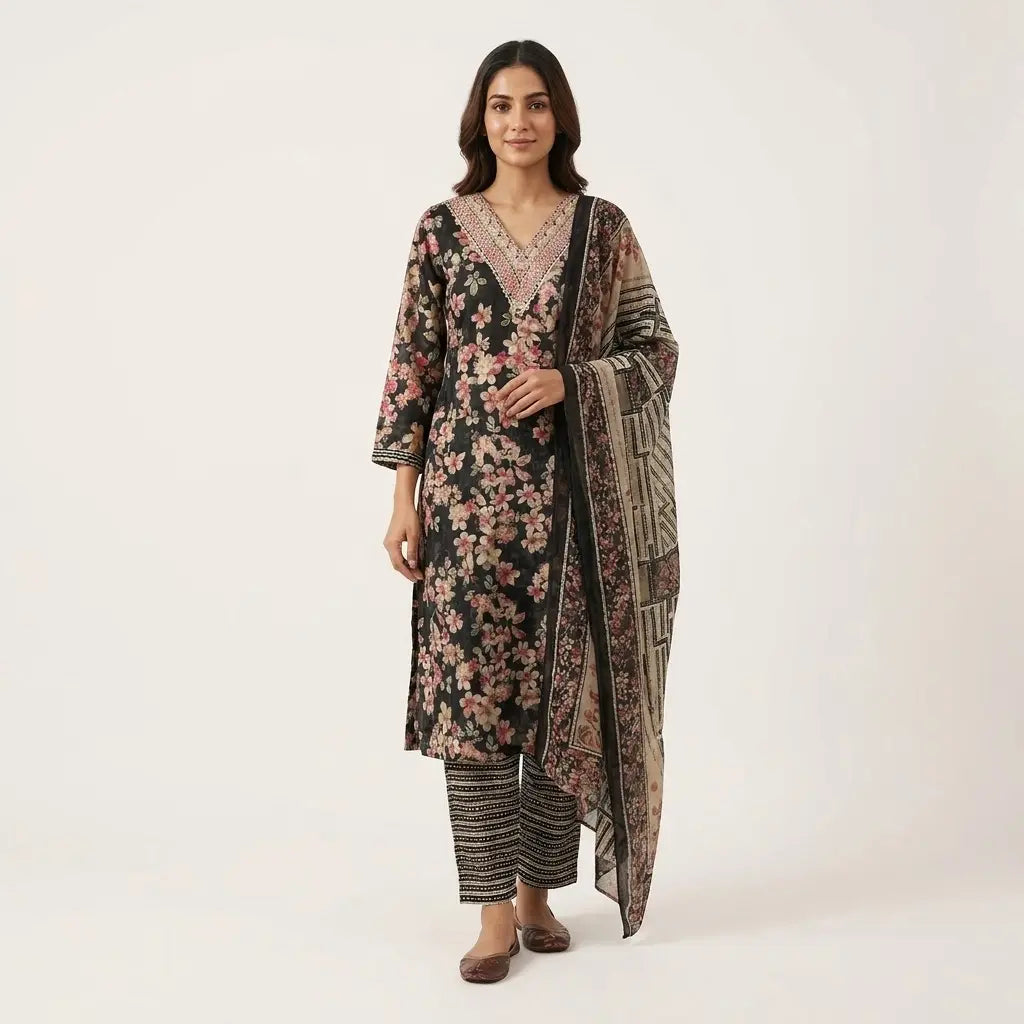 Elegant Floral Printed 3-Piece Kurthi Set - Size 40
