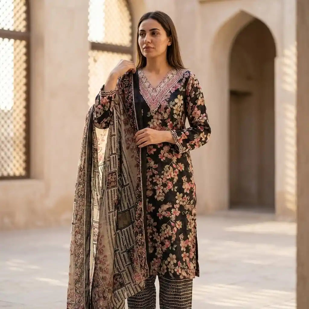 Elegant Floral Printed 3-Piece Kurthi Set - Size 40