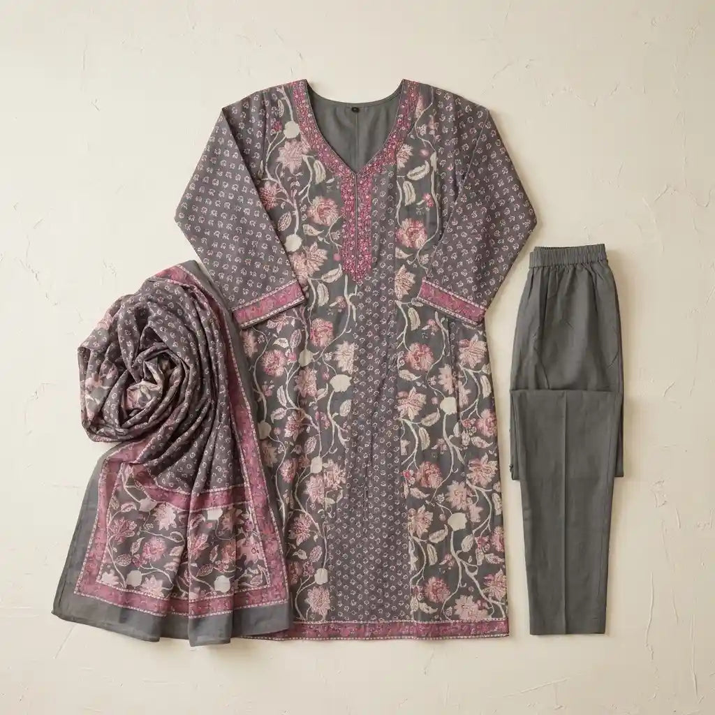 Elegant Grey & Pink Floral 3-Piece Kurthi Set - Size 40