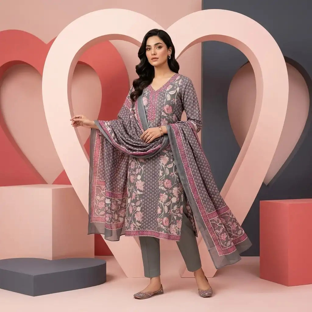 Elegant Grey & Pink Floral 3-Piece Kurthi Set - Size 40