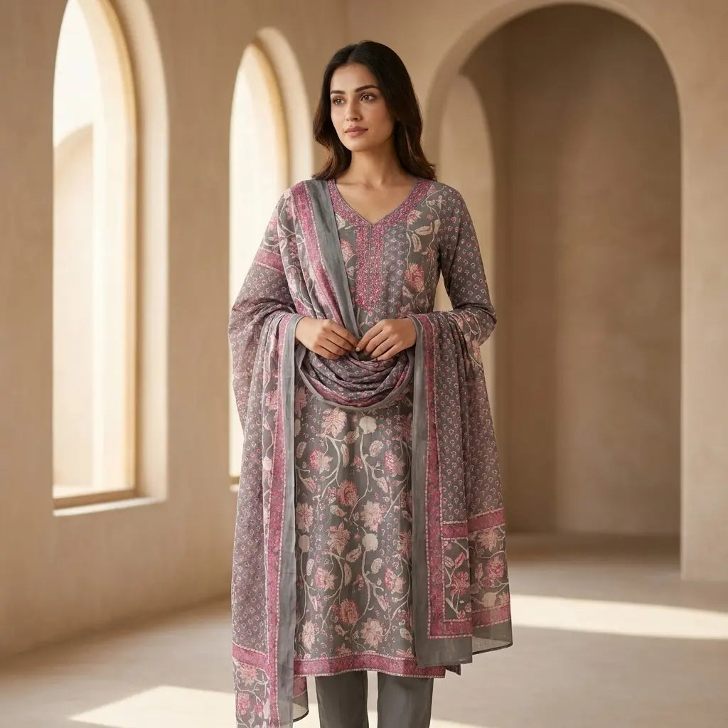 Elegant Grey & Pink Floral 3-Piece Kurthi Set - Size 40