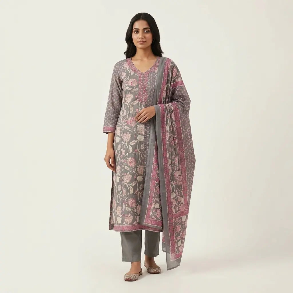 Elegant Grey & Pink Floral 3-Piece Kurthi Set - Size 40