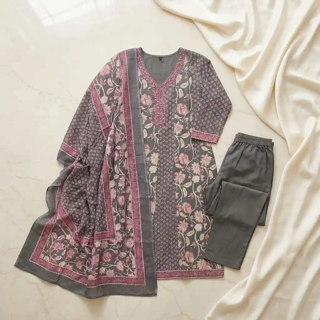 Elegant Grey & Pink Floral 3-Piece Kurthi Set - Size 40