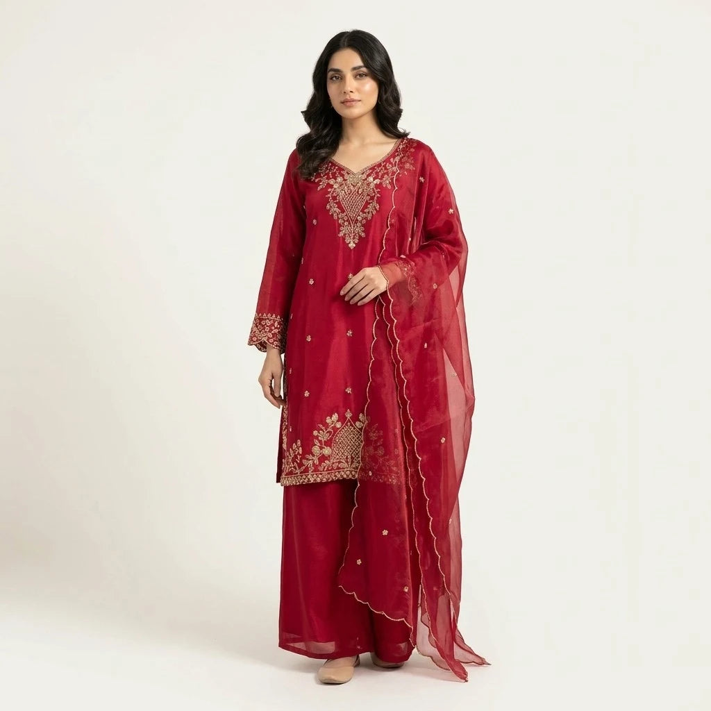 Royal Maroon 3-Piece Silk Kurthi Set