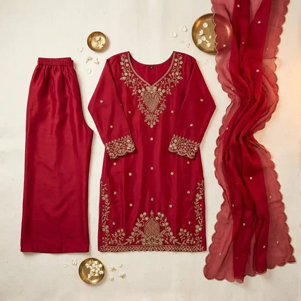 Royal Maroon 3-Piece Silk Kurthi Set