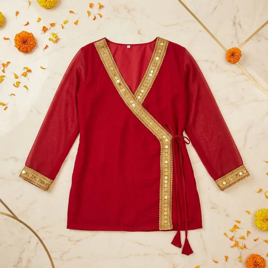 Short Red Kurti with Gold Lace Border