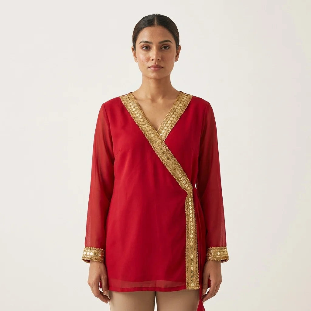 Short Red Kurti with Gold Lace Border