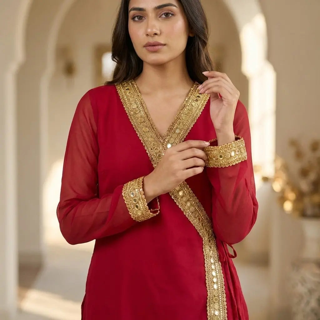 Short Red Kurti with Gold Lace Border