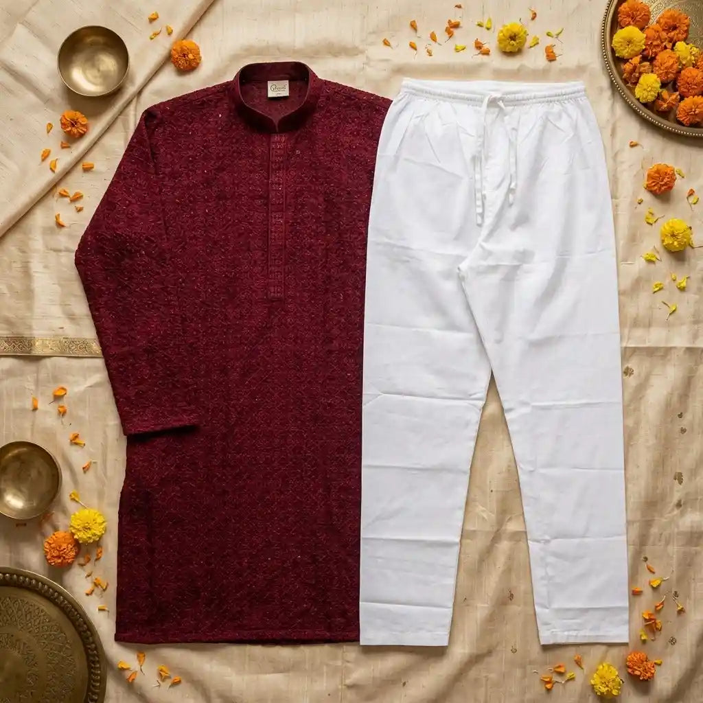 Men's Maroon Chikankari Kurta Pyjama Set