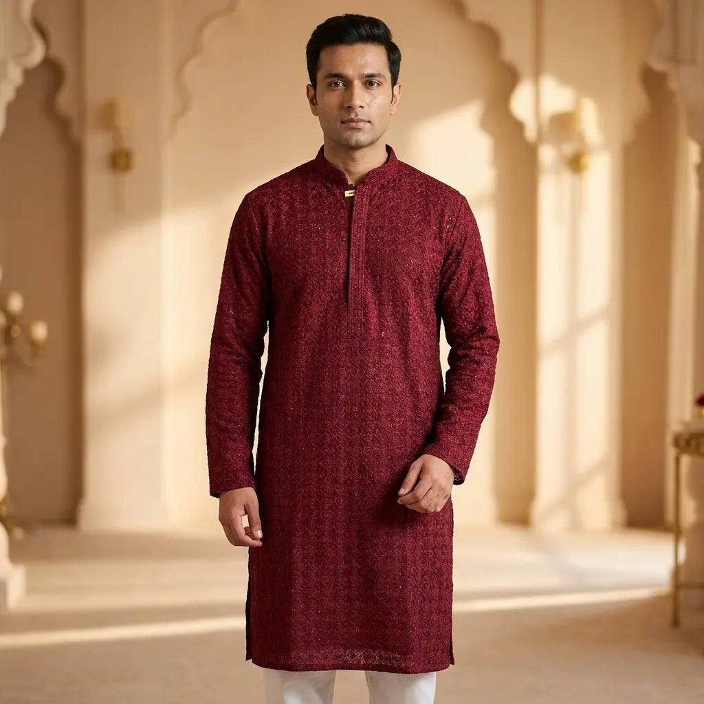 Men's Maroon Chikankari Kurta Pyjama Set