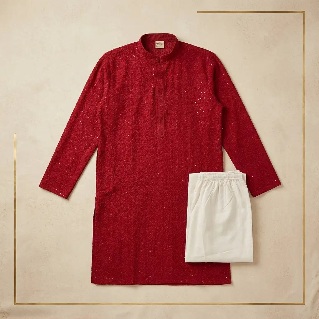Men's Red Chikankari Kurta Pyjama Set
