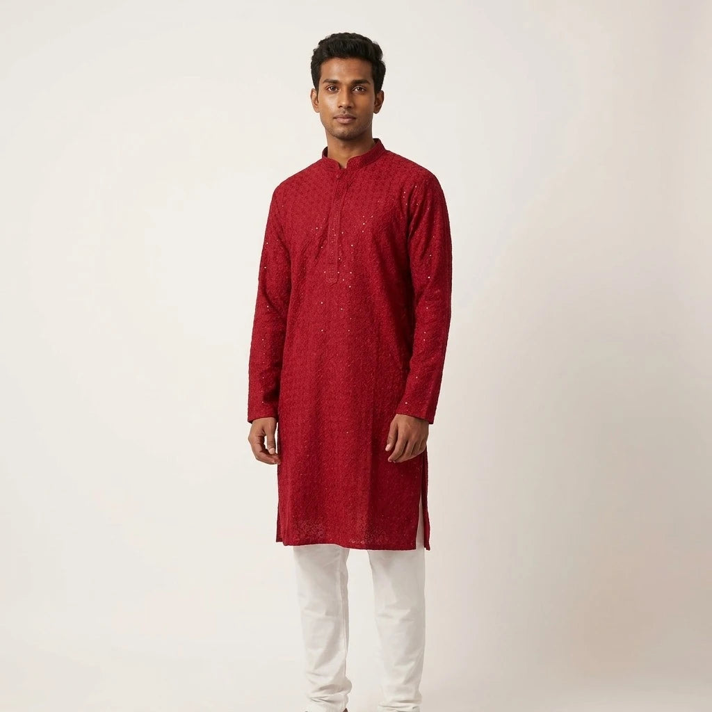 Men's Red Chikankari Kurta Pyjama Set