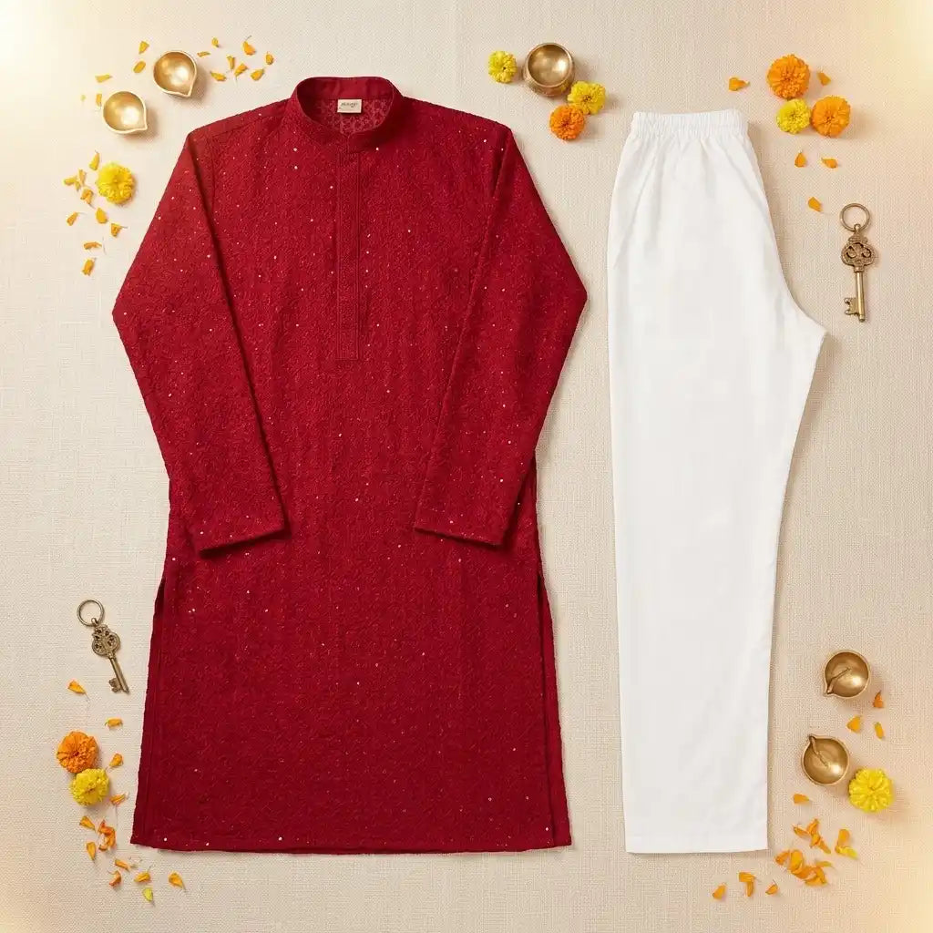 Men's Red Chikankari Kurta Pyjama Set