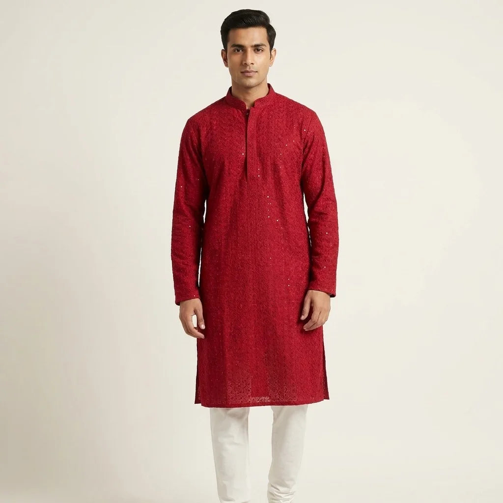 Men's Red Chikankari Kurta Pyjama Set