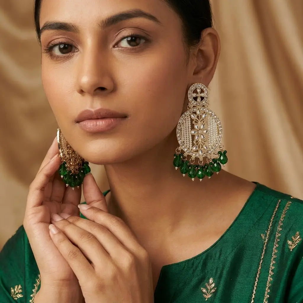 Emerald Green Bead Chandbali Earrings