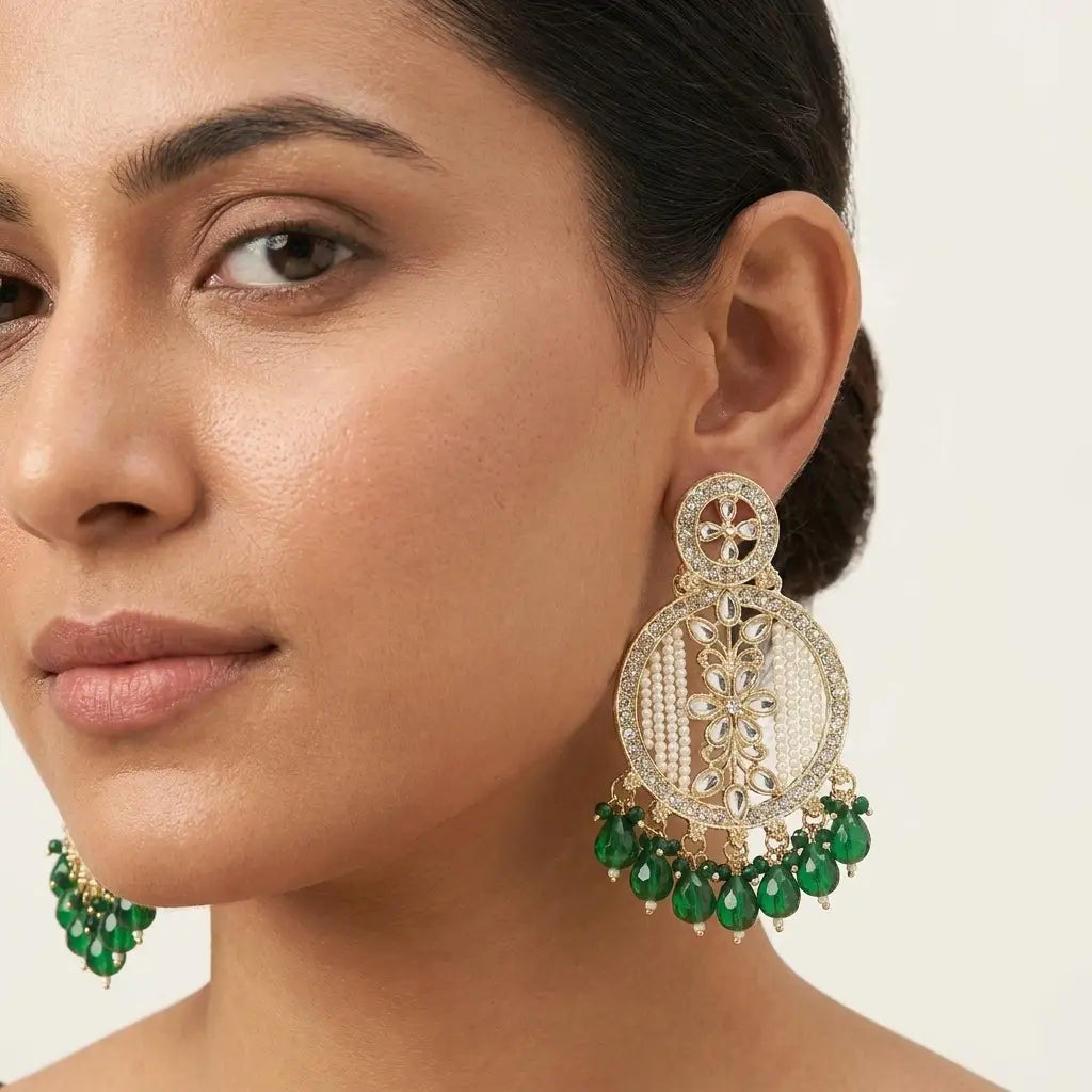 Emerald Green Bead Chandbali Earrings