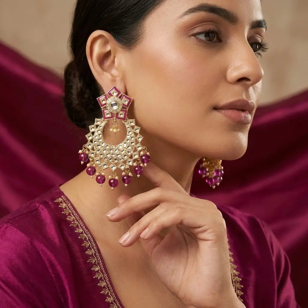Magenta Enamel & Kundan Crescent Earrings in Qatar