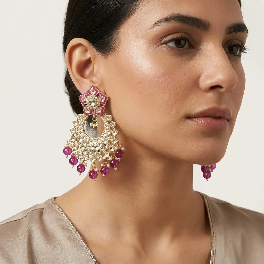 Magenta Enamel & Kundan Crescent Earrings in Qatar