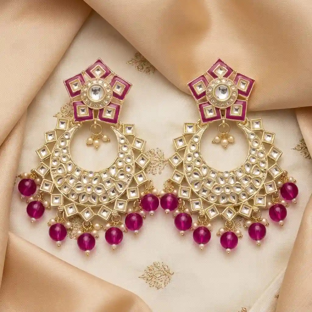 Magenta Enamel & Kundan Crescent Earrings in Qatar