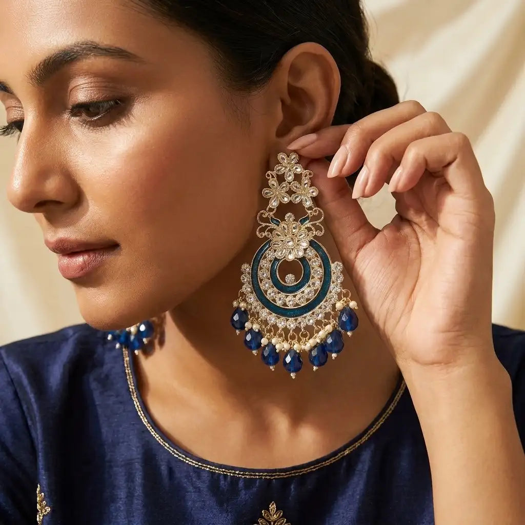 Blue Meenakari & Kundan Crescent Earrings in Qatar