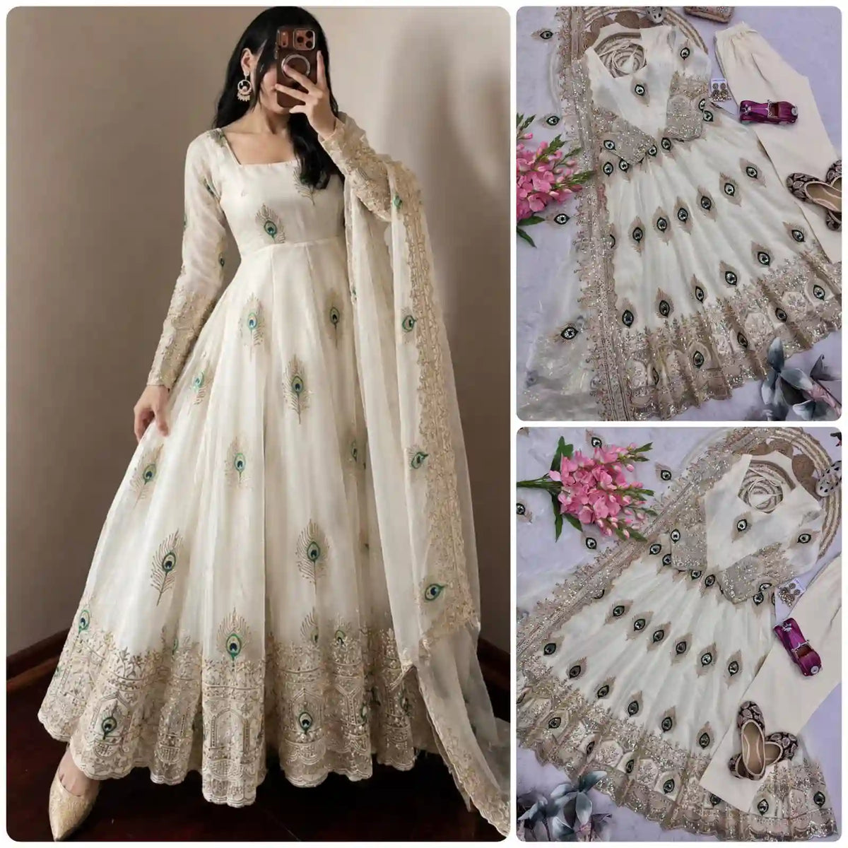 Women's Off-White Peacock Motif Anarkali Kurta Set