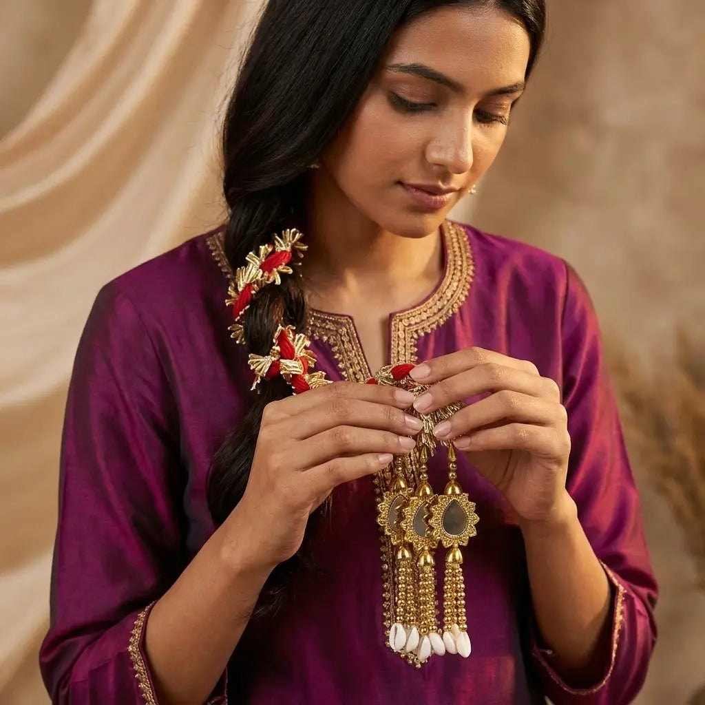 Red & Gold Color Punjabi Paranda Hair Accessory in Qatar