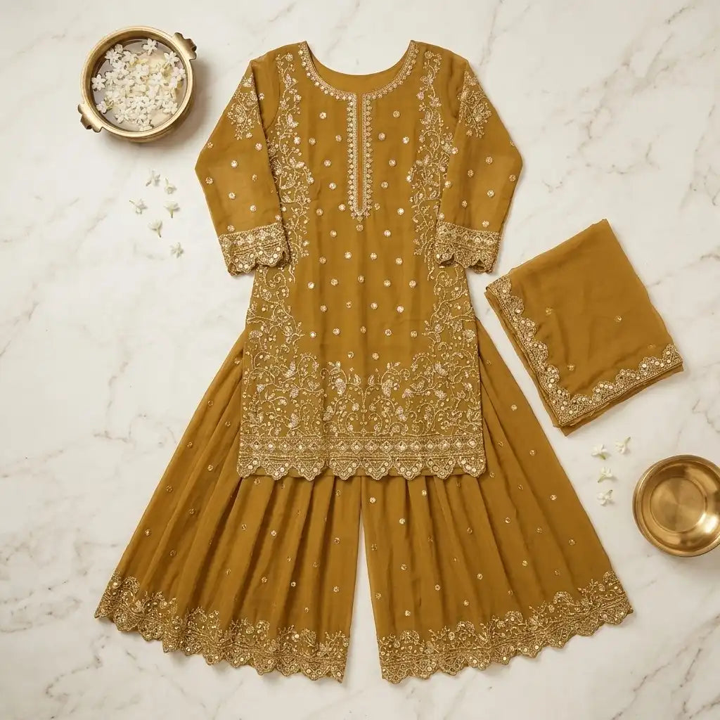 Mustard Yellow Heavily Embroidered Kurti Set Qatar