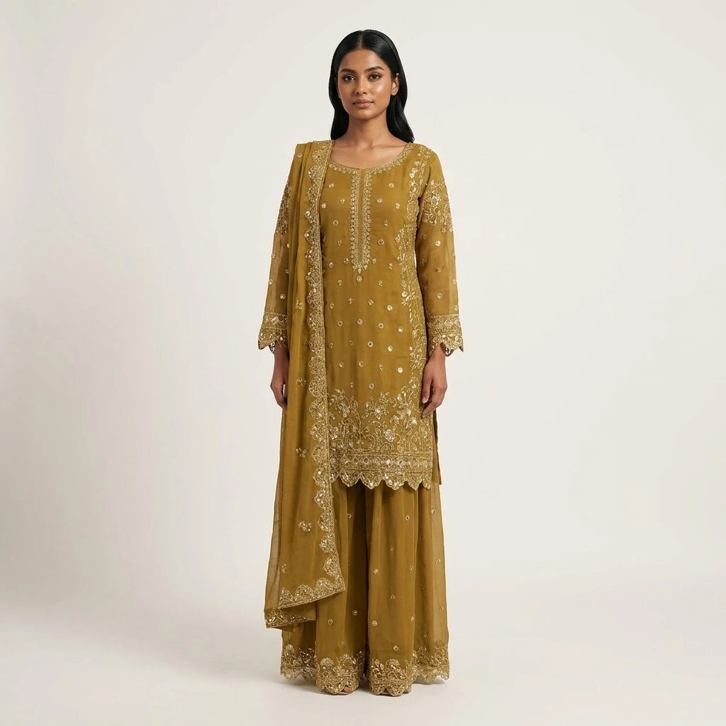 Mustard Yellow Heavily Embroidered Kurti Set Qatar