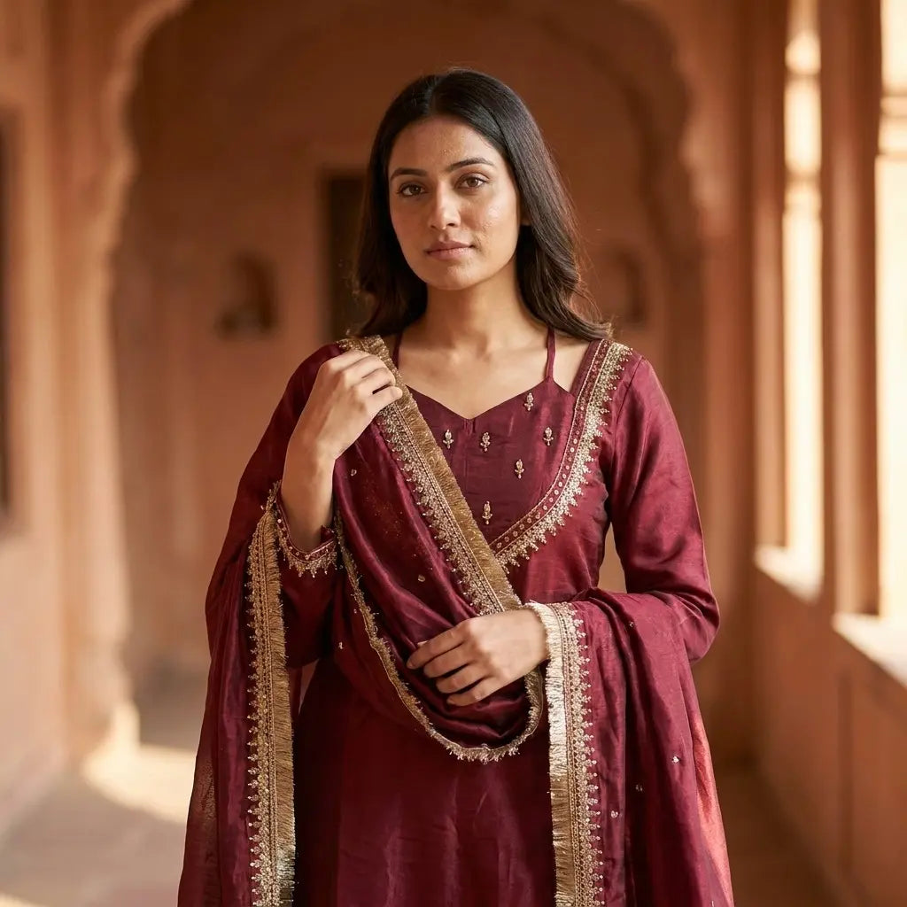 Maroon Silk Blend Pakistani Sharara Kurthi Set