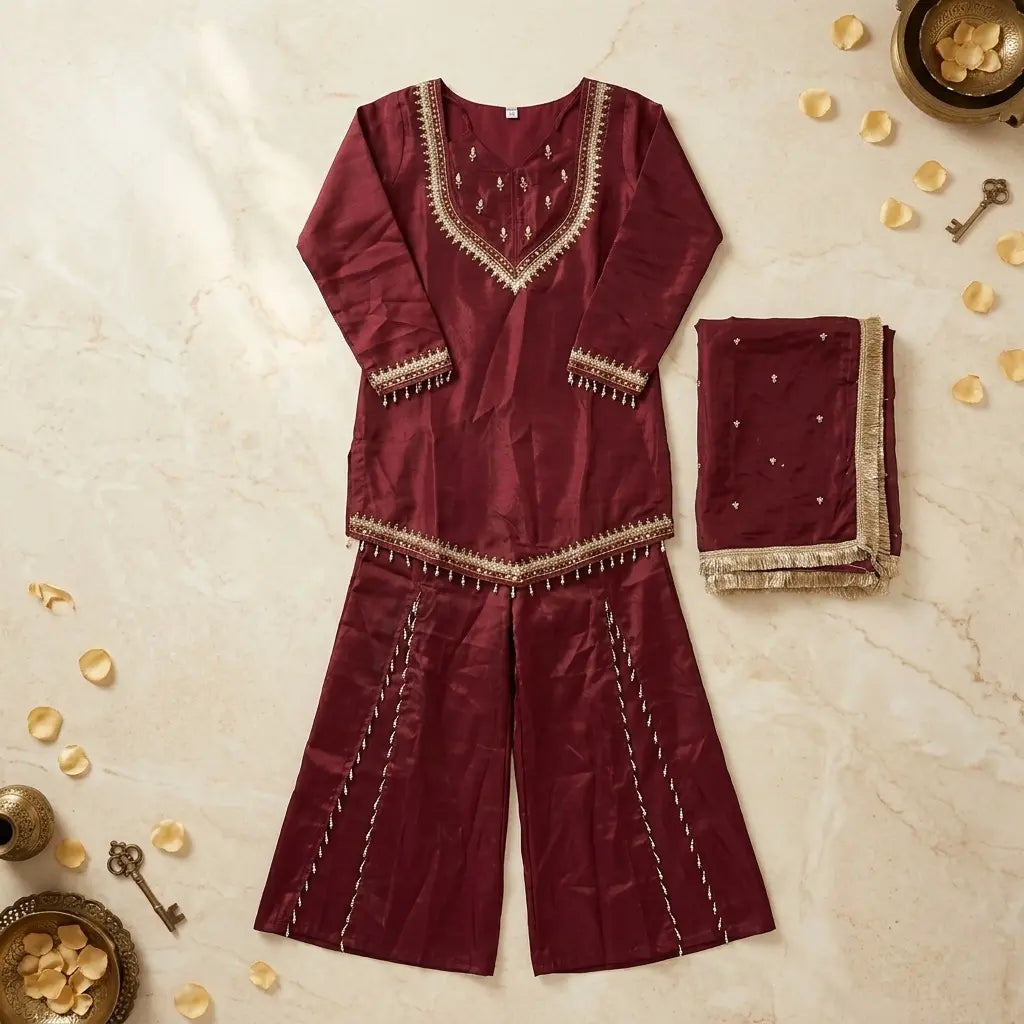 Maroon Silk Blend Pakistani Sharara Kurthi Set