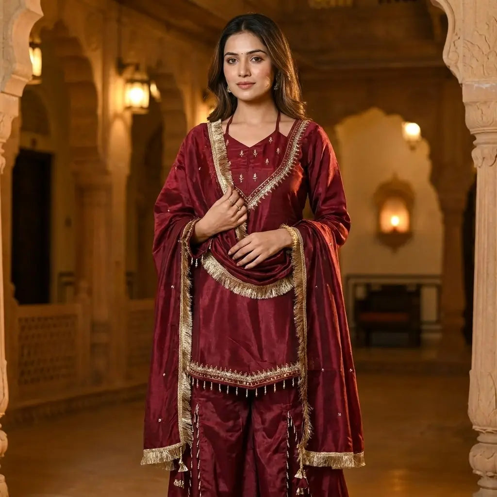 Maroon Silk Blend Pakistani Sharara Kurthi Set