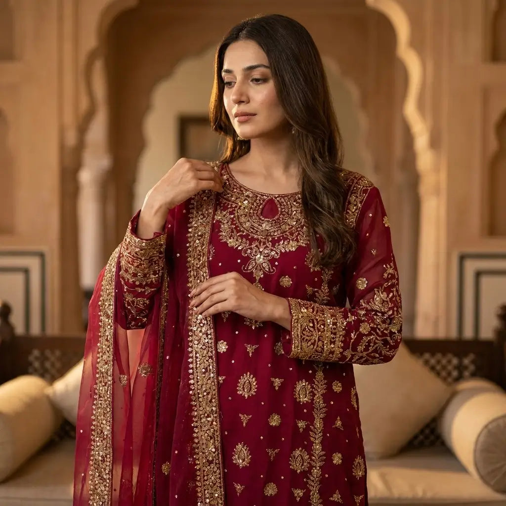 Pink Pakistani Heavy Work 3-Piece Kurthi Set