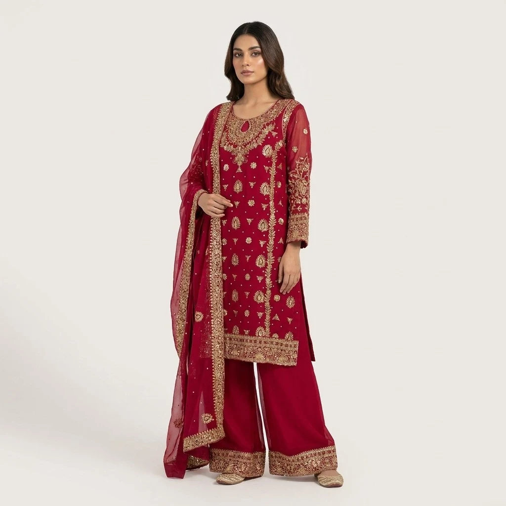 Pink Pakistani Heavy Work 3-Piece Kurthi Set