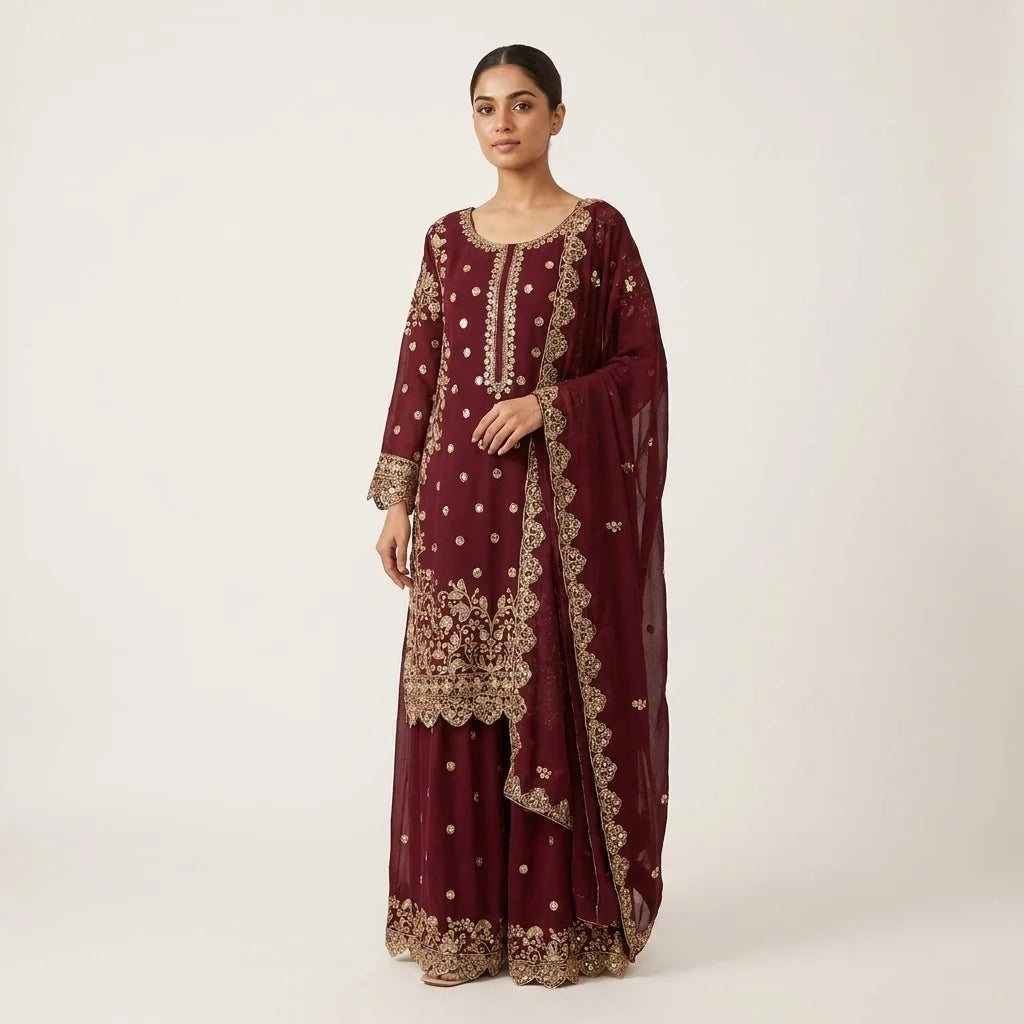 Maroon Pakistani Heavy Work 3-Piece Kurthi Set