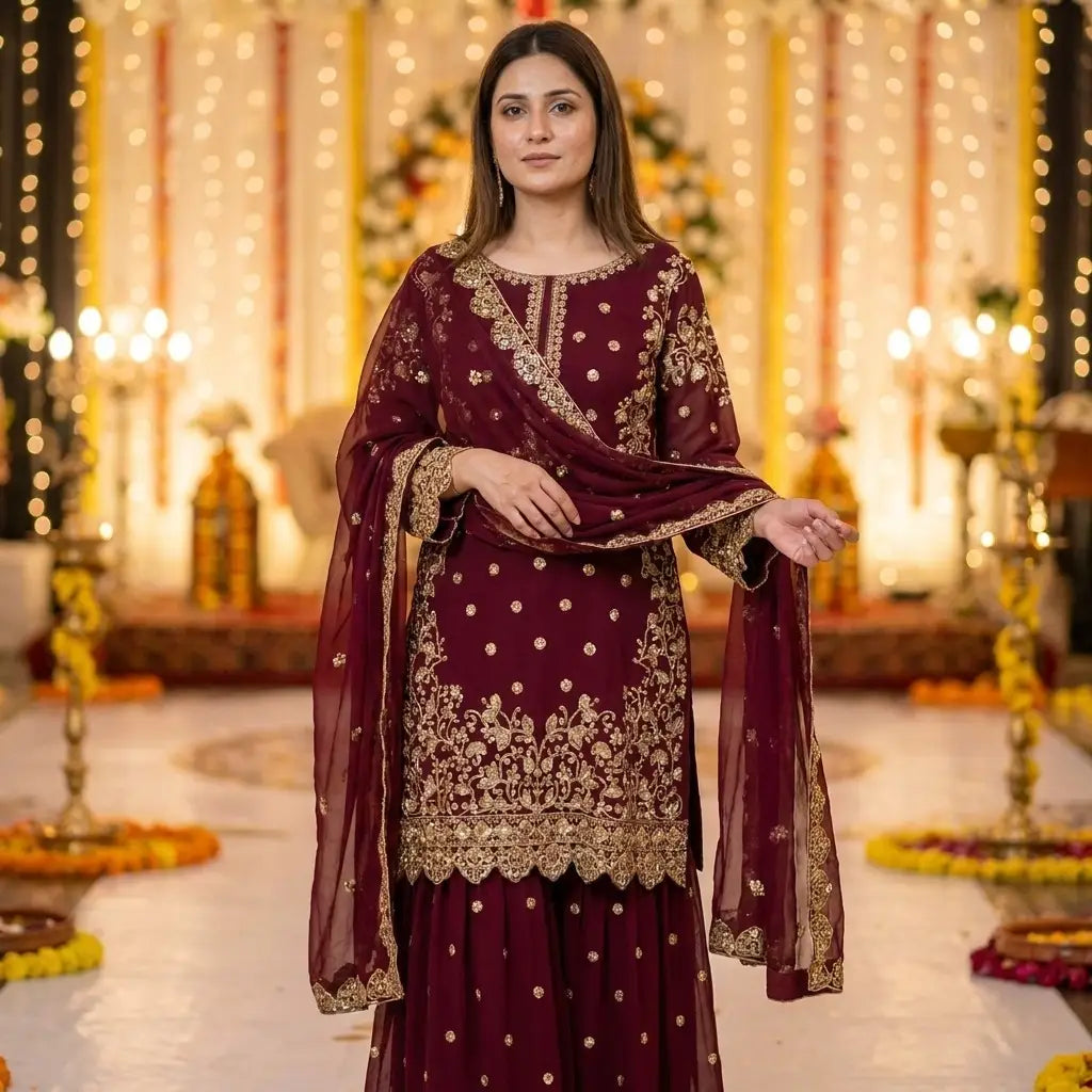 Maroon Pakistani Heavy Work 3-Piece Kurthi Set