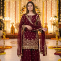 Maroon Pakistani Heavy Work 3-Piece Kurthi Set