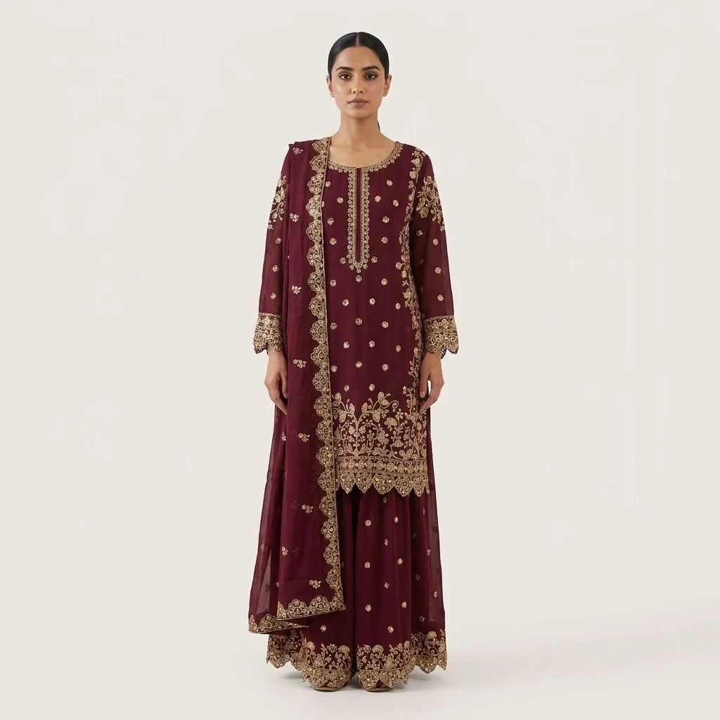 Maroon Pakistani Heavy Work 3-Piece Kurthi Set