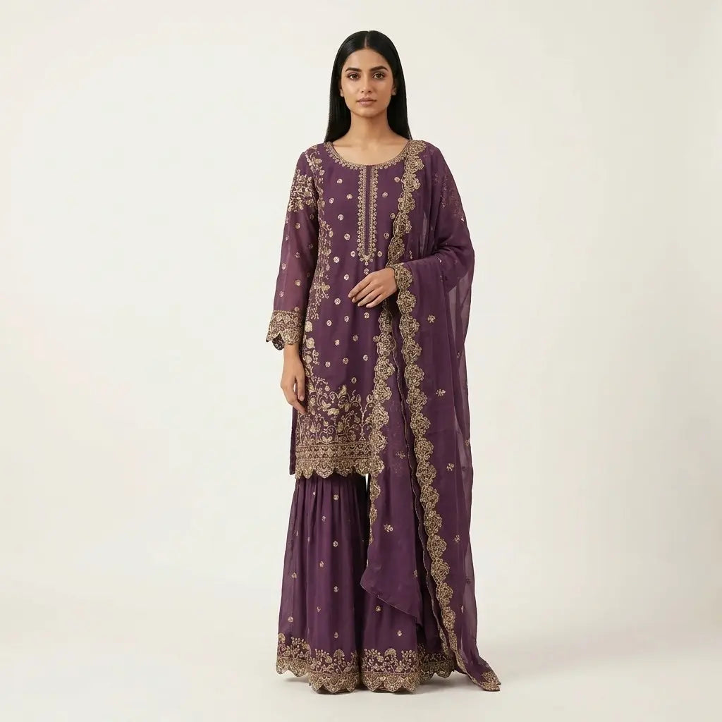 Violet Pakistani Heavy Work 3-Piece Kurthi Set