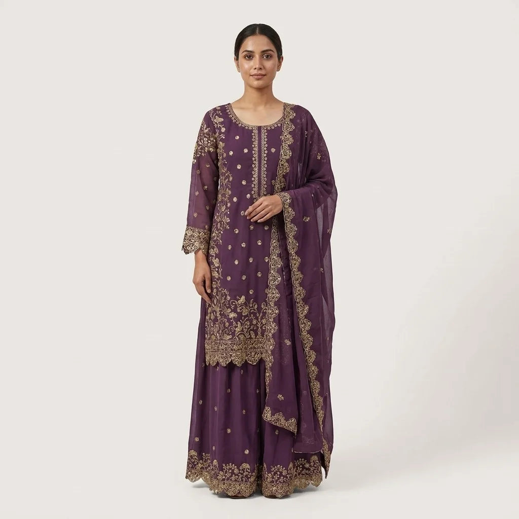 Violet Pakistani Heavy Work 3-Piece Kurthi Set