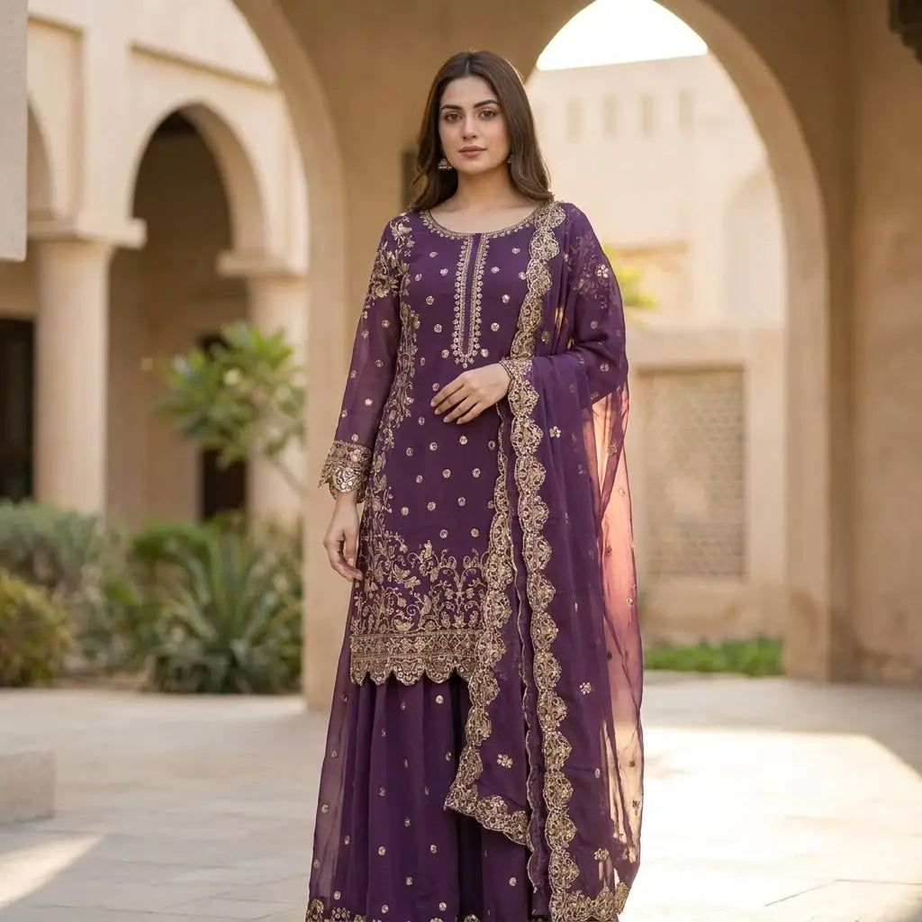 Violet Pakistani Heavy Work 3-Piece Kurthi Set