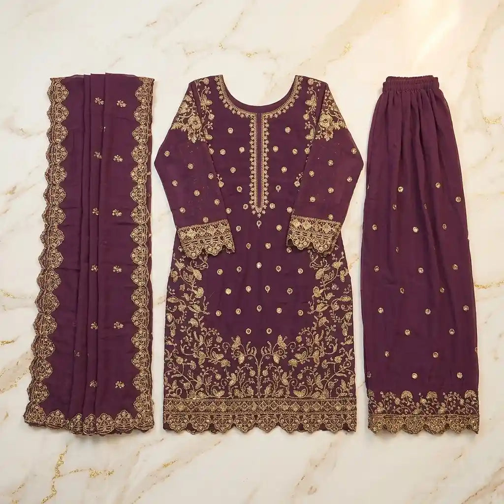 Violet Pakistani Heavy Work 3-Piece Kurthi Set