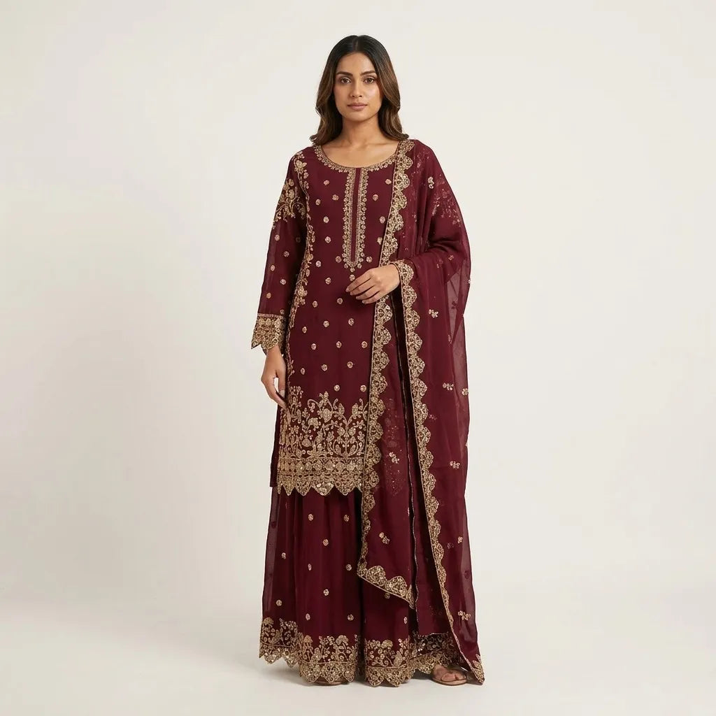 Maroon Pakistani Heavy Work 3-Piece Kurthi Set